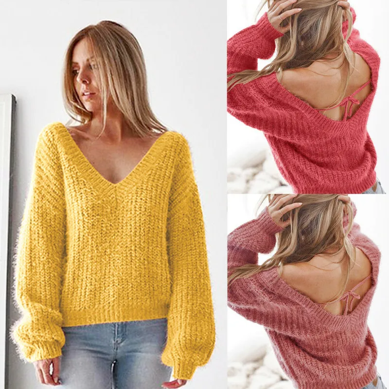 Женский свитер сексуальный v-образный вырез длинный рукав вязаный Топ свободный