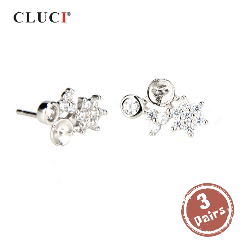 

CLUCI 3 pair wholesale 925 Sterling Silver Snowflake Earrings for Women Silver 925 Pearl Earrings Mounting Stud Earrings SE032SB