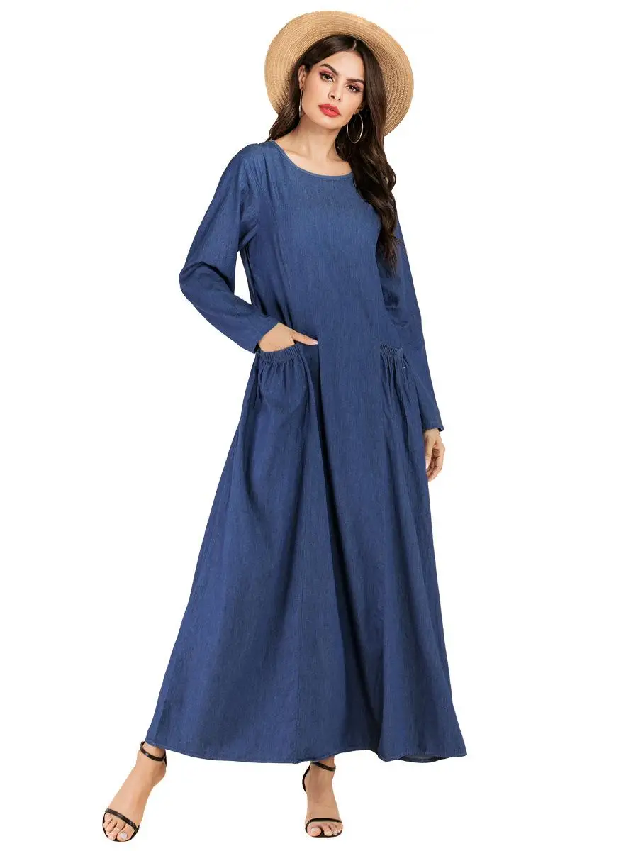 Новые женские мусульманские Длинные платья Abaya джинсовый кафтан халат с