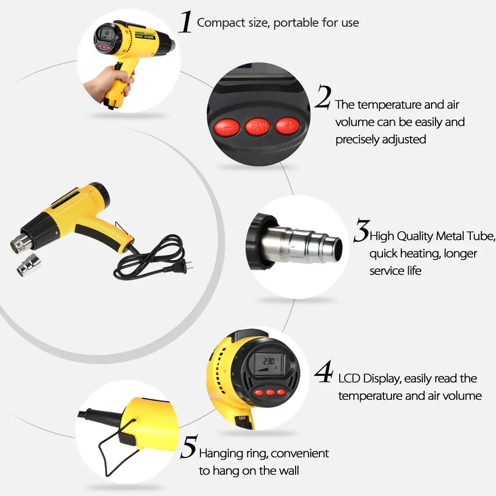 Электрический термовоздушный пистолет высокого качества с цифровым контролем температуры, регулировкой тепла и соплом 1500 Вт, AC110V LODESTAR.