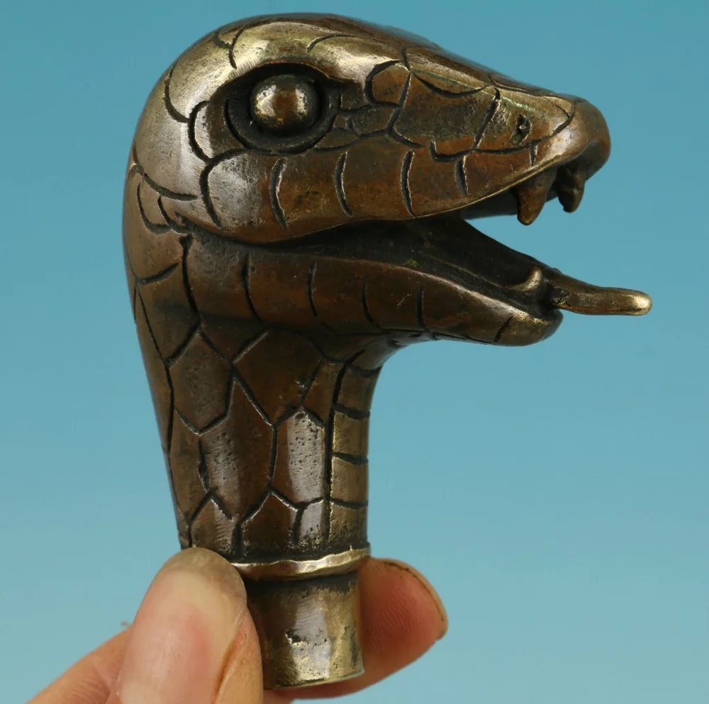 Asian Chinese Old Bronze Handmade Carved Snake Collect Statue Walking Stick Head | Дом и сад
