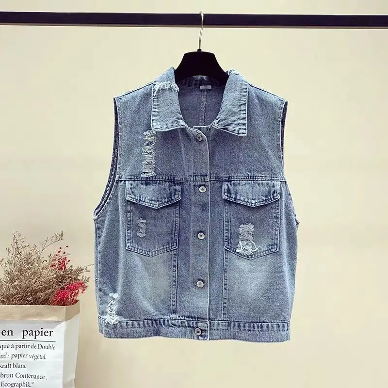 

MUMUZI back flower embroidery jean coat spring new Korean all-match slim waistcoat denim vest fashion ripped vest 2019 new