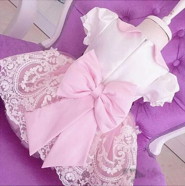 New Pink Knee-Length Flower Girl Dresses with Bow Short Sleeves Baby Girls Birthday Party Dress