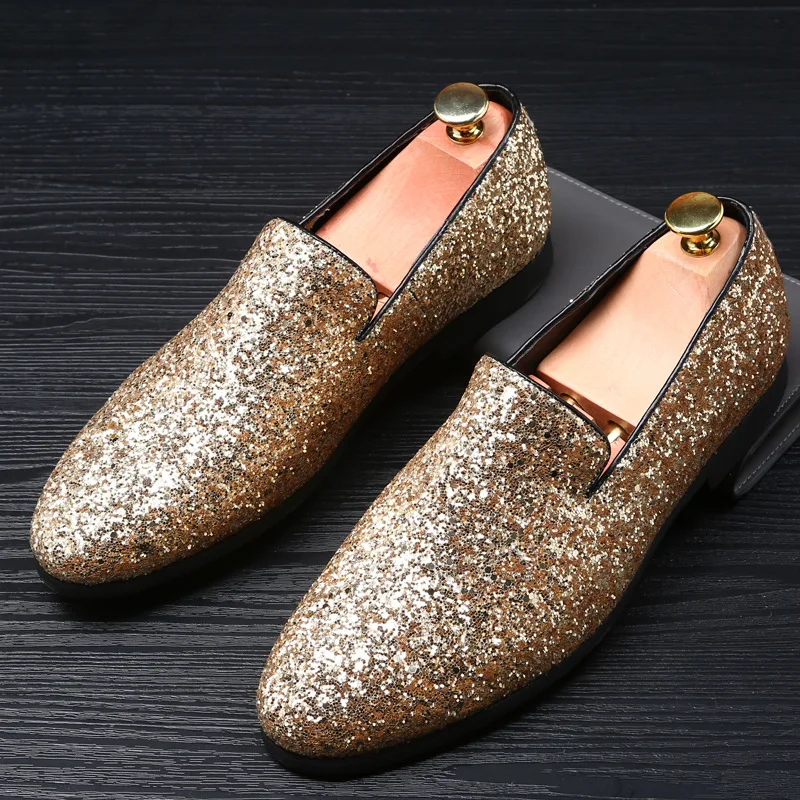 Europe Bling Flat Leather Shoes Rhinestone Fashion Mens Loafer Dress Men Casual Diamond Pointed Toe Gold Silver #33 | Обувь