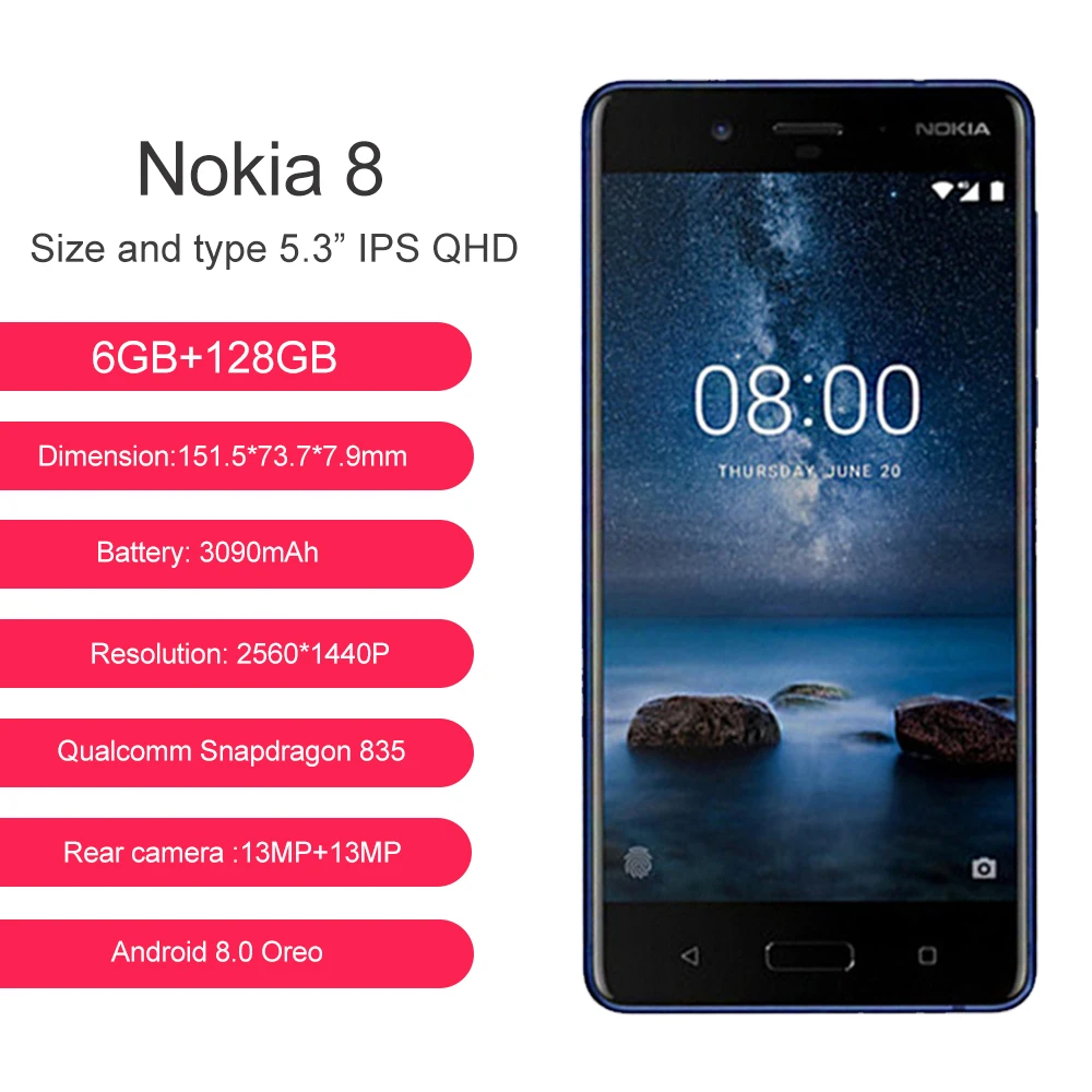 Nokia 8 128G ROM 6G RAM 5 3 дюймов Octa Core 3090 мАч 16 0 + Мп 16MP Камера Dual Sim Android 7 1 мобильный