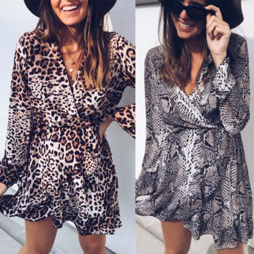 Fashion Women Leopard Snakeskin Dress Evening Party Beach Club Wear Lady Mini Printed Loose Clothing | Женская одежда