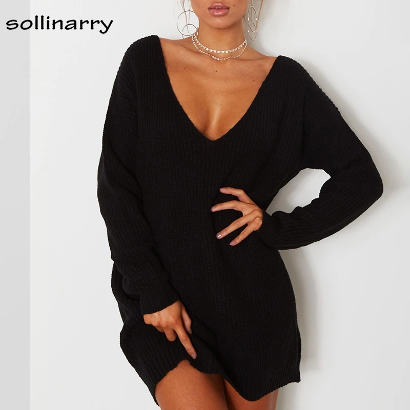 Sollinarry V Neck Off Shoulder Women's Knitted Sweater Dress Full Sleeve Long Casual Jumper Femme Pullover Autumn Winter Vestido | Женская