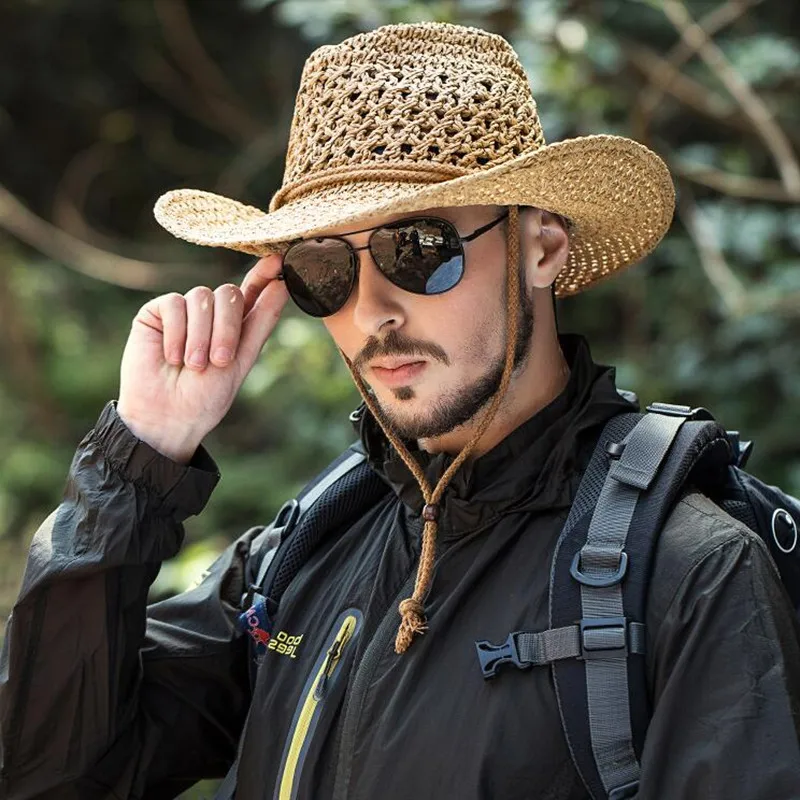 Outdoor Cowboy Hat Men's Summer Hand-made Cowboy Straw Cap Male Casual Fishing Climbing Sun Protection Breathable Hats H7260