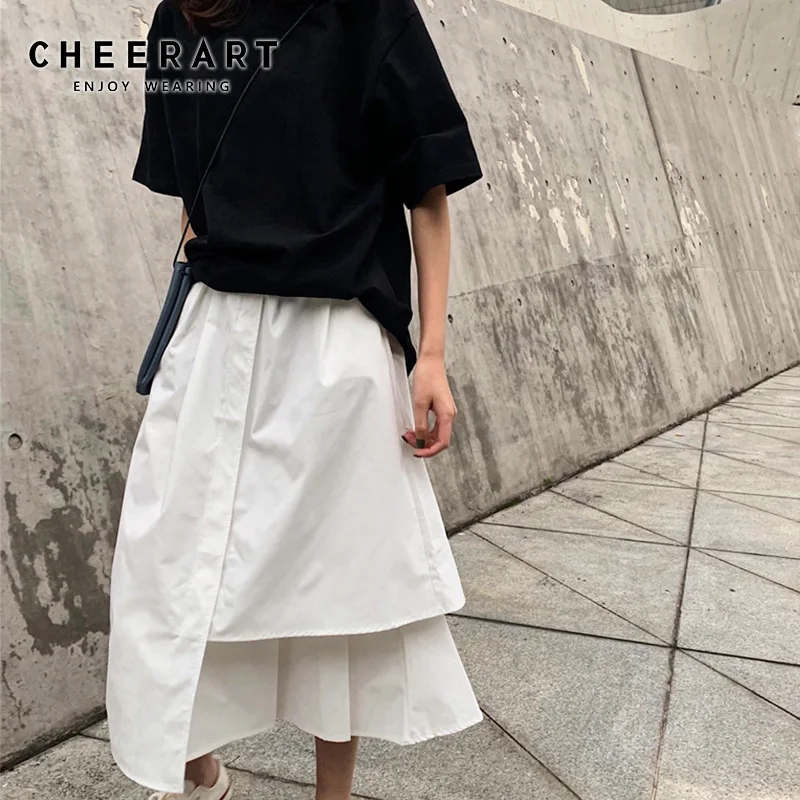 Летняя юбка Cheerart с высокой талией Женская эластичным поясом белая черная средней