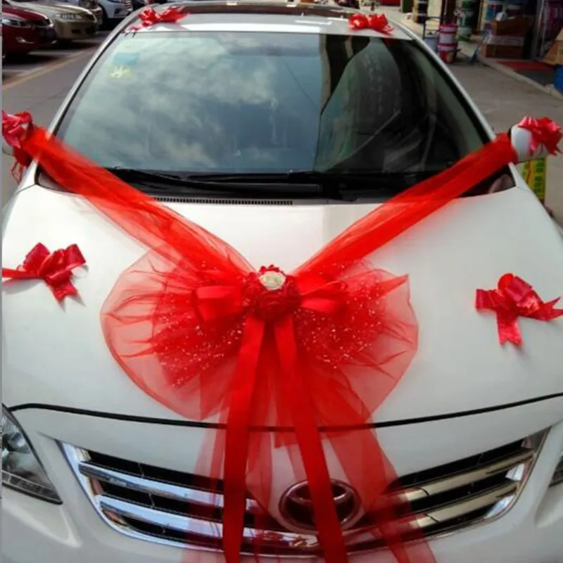 Wedding Decoration Car Flowers Artificial Organza Bow Rose Foam Flower Ribbon Wedding Decorative Garlands Set Wreath Table - Цвет: Red White