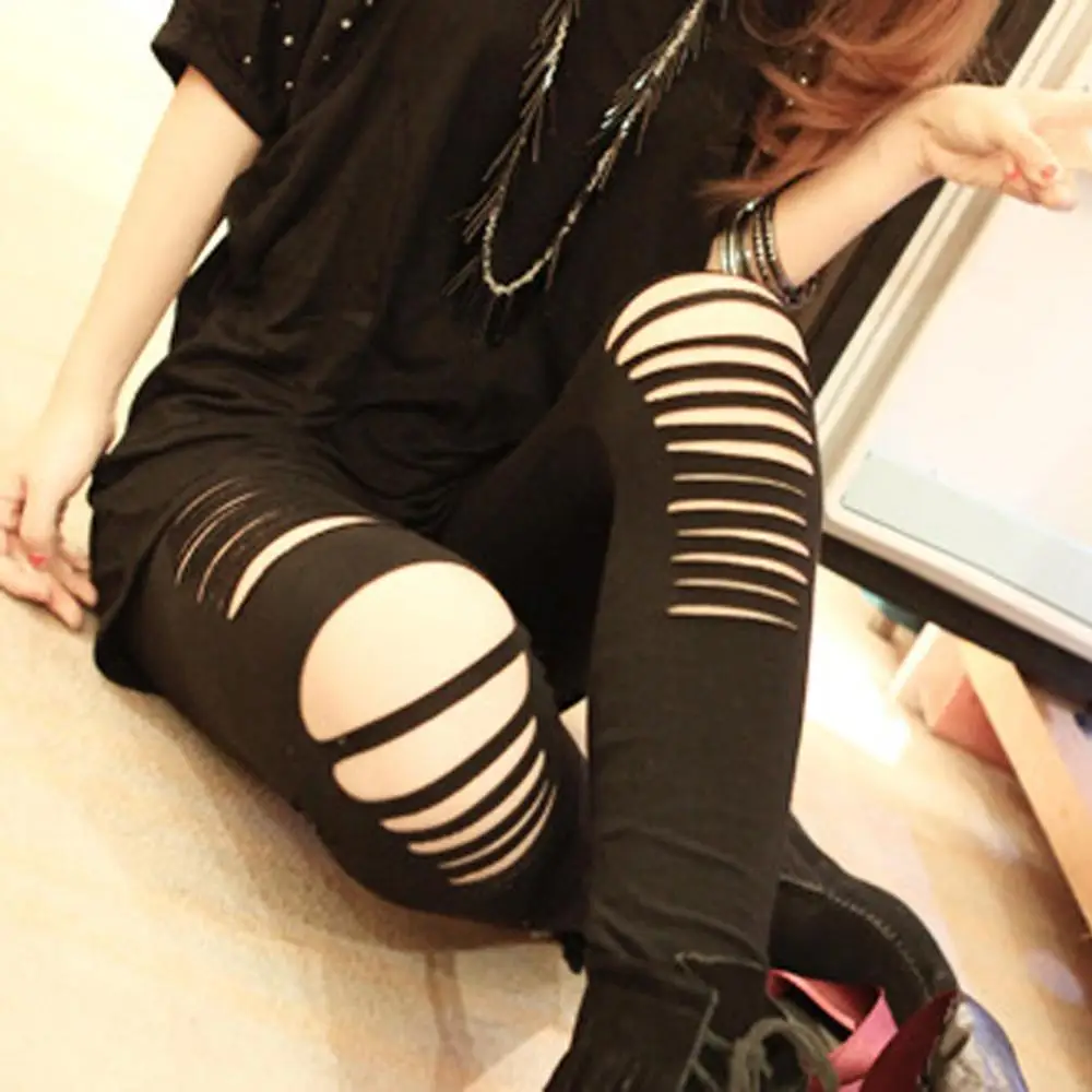 Сексуальные черные модные брюки карандаш с вырезами леггинсы в горизонтальную