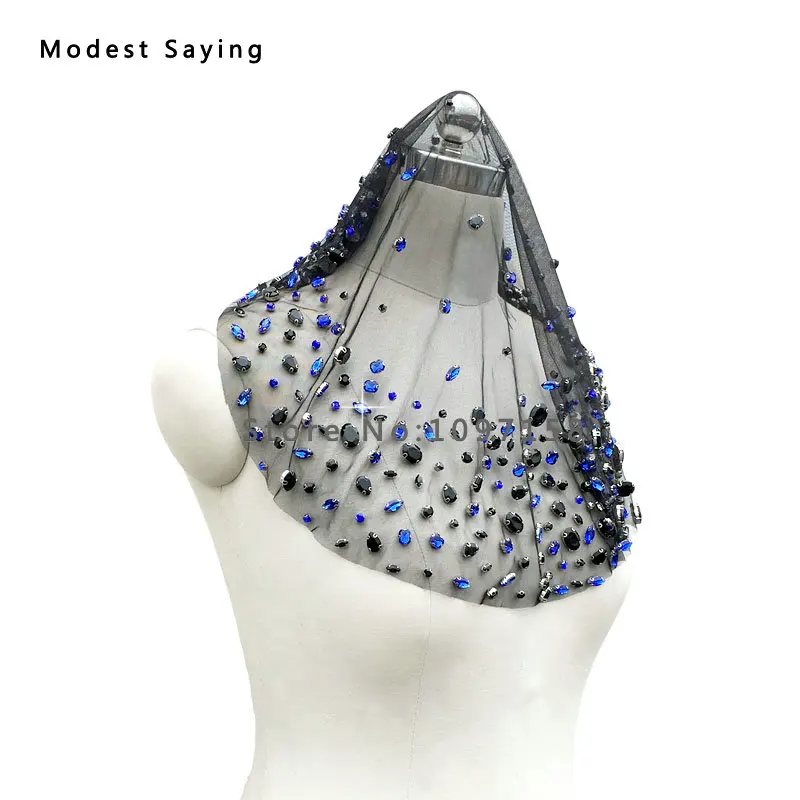 Роскошная Черно-синяя свадебная фата с кристаллами 50 см 2017 короткая птичья