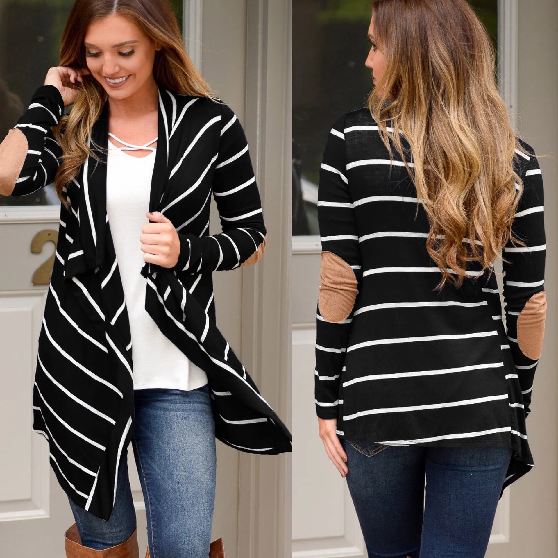 New Arrival Women White/Black Cotton Overcoats Striped Casual Long Sleeve Thin Coats Spring Autumn Asymmetric Stripe Tops | Женская