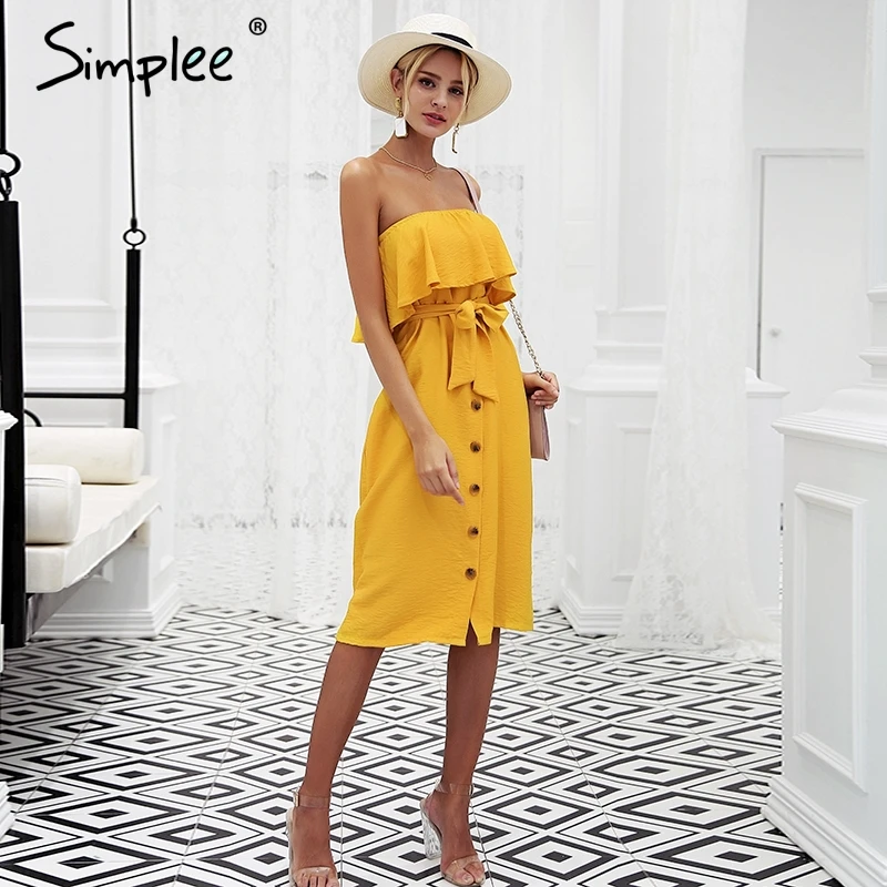 Simplee без бретелек пуговицы спереди оборками сексуальное платье Для женщин