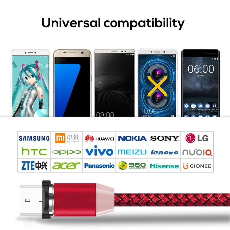 Магнитный светодиодный кабель Micro USB 2 1 А в нейлоновой оплетке магнитный для