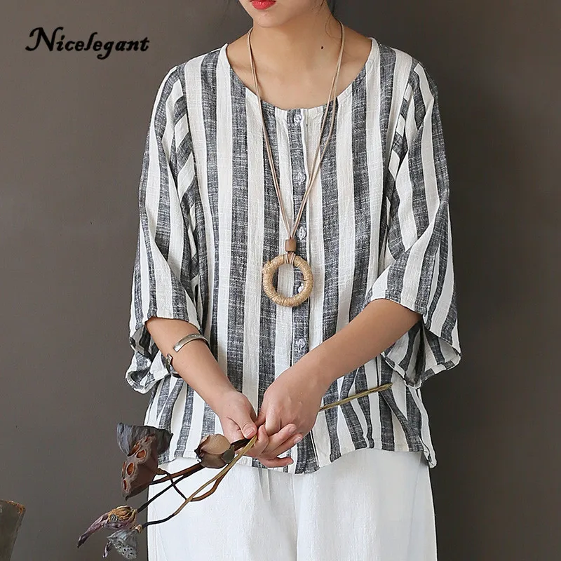 2019 New Women Shirts Vintage Comfortably Thin Half Sleeve O-Neck Cotton Linen Loose Original Casual Tops Female Striped |