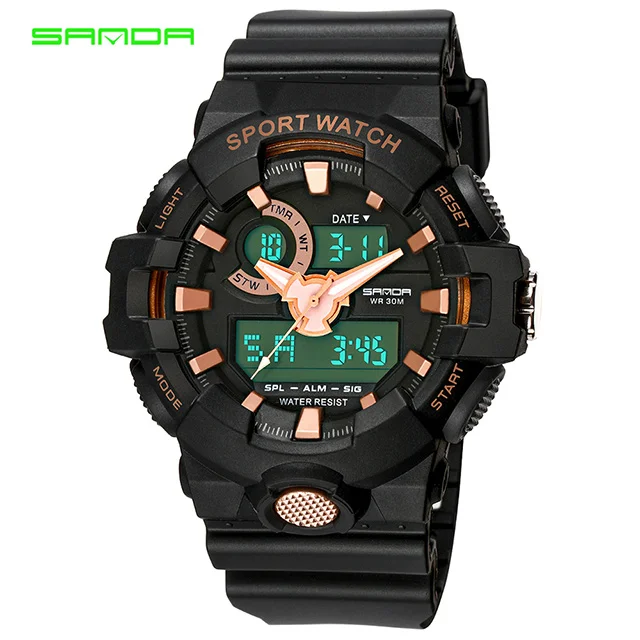 Black Rose Gold Новые Брендовые спортивные мужские часы SANDA, военные светодиодный аналоговые цифровые часы, мужские водонепроницаемые Модные Электронные наручные часы 770 - Цвет: Black Rose Gold