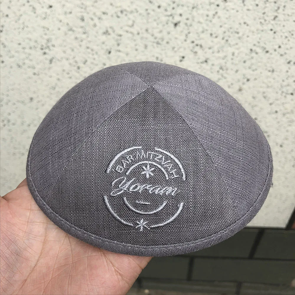 Подгонянный Свадебный kippah, темно-серый лен kipa с серебристо-серым логотипом вышивки
