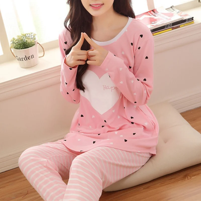 Дамы Осень Пижамы 2016 Уютный Сердце Печати Женщины Полосой О Образным Вырезом С