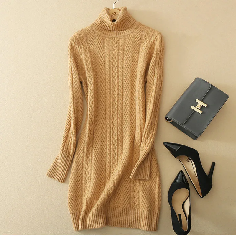 

Высококачественный плотный вязаный женский пуловер из 100% козы и кашемира, платье-свитер средней длины с высоким воротником