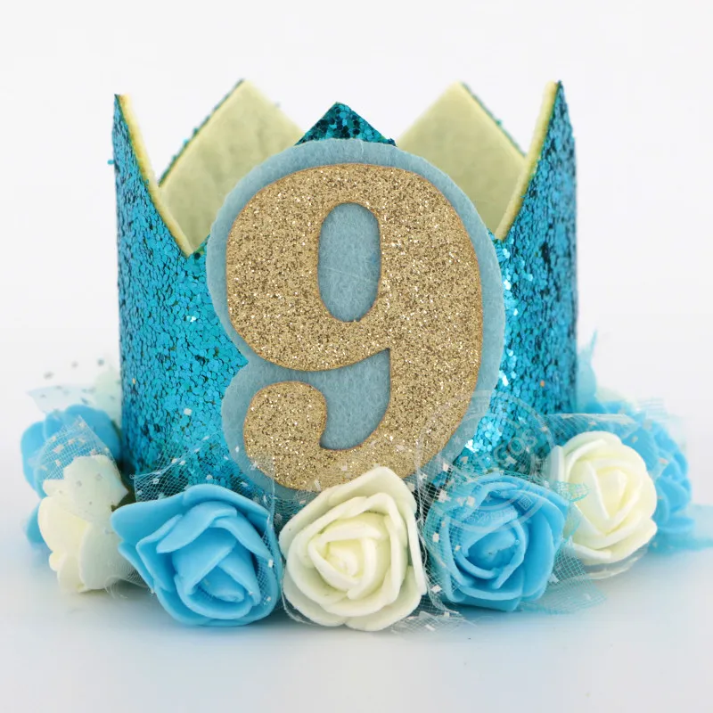blue hat 9 Счастливые шляпы для празднования первого дня рождения, декоративная крышка, один праздничный колпак, корона принцессы, 1-й 2-й 3-й год, детский аксессуар для волос - Цвет: blue hat 9
