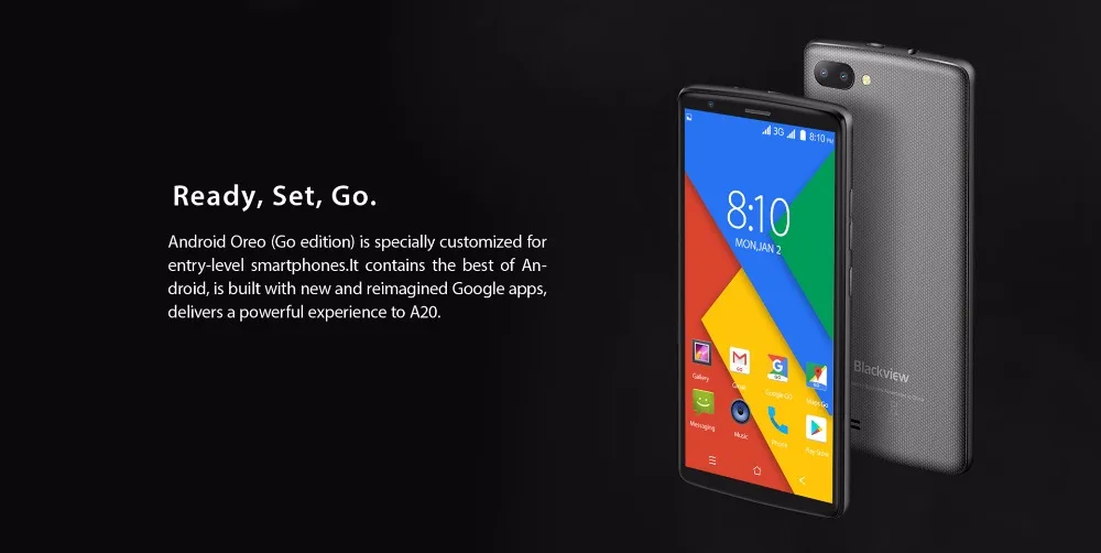 2018 Blackview A20 5 &quot18:9 дисплей 3G смартфон Android Go 5MP двойная настоящая камера 3000 мАч MT6580M 1