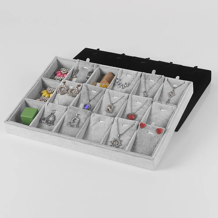 

35*24 Wholesale Black/Gray Ice Velvet Jewelry Display Tray Necklace Earring Pendant Set Showcase With 18 Grid New Arrival
