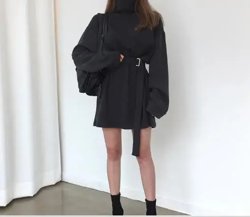 Real shot 2019 весеннее женское однотонное платье с высоким воротом и длинными