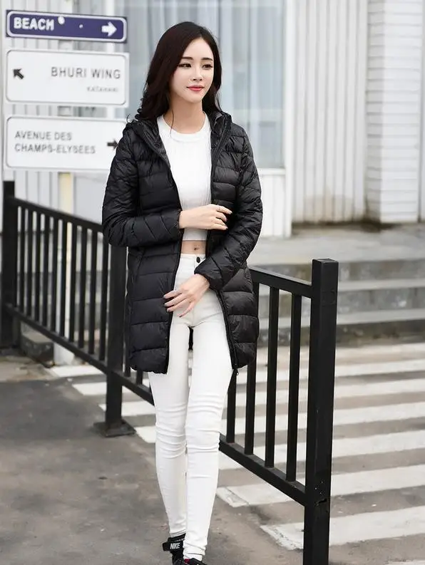 Женский пуховик на 90% белом утином пуху женское длинное пальто с капюшоном ультра