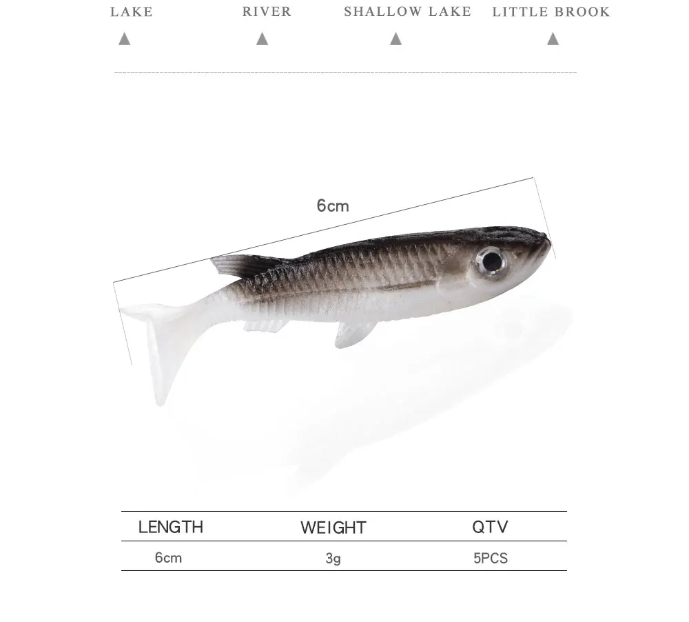 FTK 6CM/5.5G Soft Lure 5pcs/lot for Fishing Shad Fishing Bass Lure Fishing Worm Swimbaits Jig Head Soft Lure Fly Fishing Bait