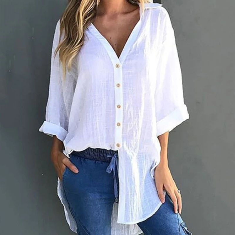Women's Shirt V-Neck Long Sleeve Irregular Blouses Side Knotted Female blouse Button Tops |