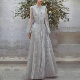 Light grey Весна и осень новые женские платья с длинными рукавами и тонкими точками Лаковая сетка длинные платья - Цвет: Light grey