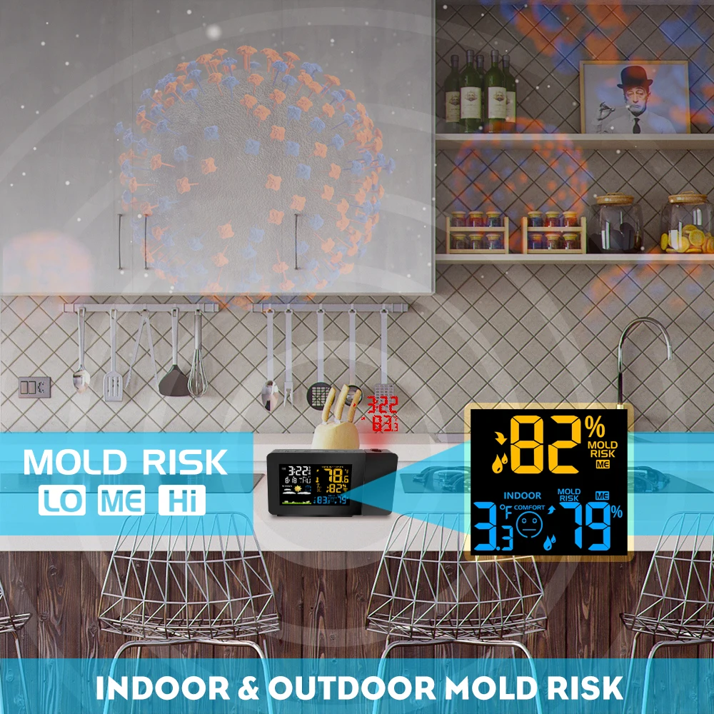 Проекционная метеостанция с 3 наружными датчиками будильник Цветной подсветкой