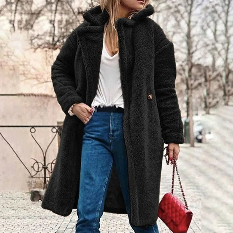 

Womens Winter Warm Coats Outwear Teddy Bear Pocket Fluffy Coat Fleece Jackets Outerwear Long Sleeve Lapel Wool Cashmere Coat