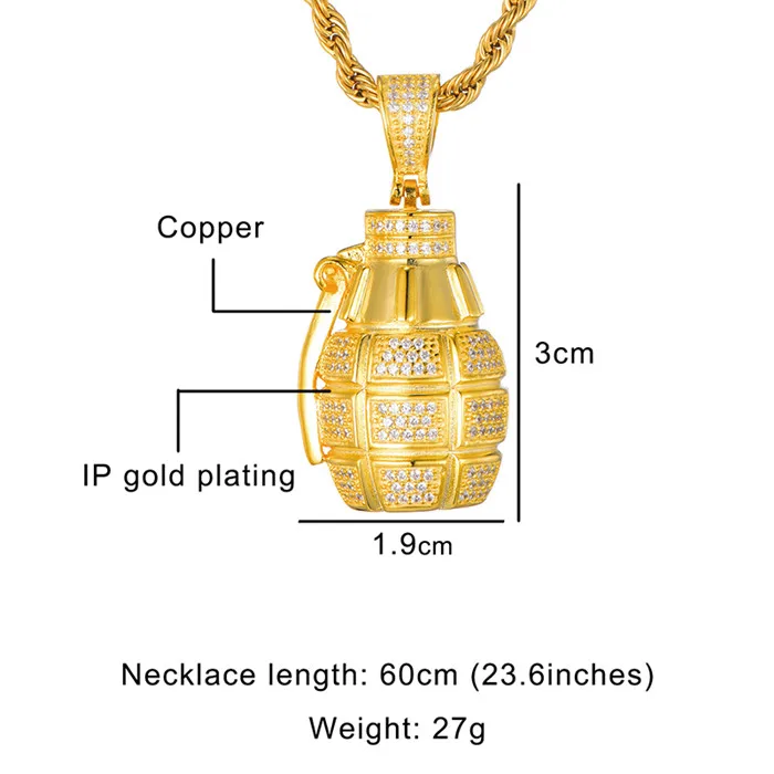 pendant with chain Золотой Цвет кубический циркониевый гранат бомбы кулон с веревкой цепи ожерелье для мужчин рок& украшения в стиле рок-н-ролл хип-хоп - Окраска металла: pendant with chain