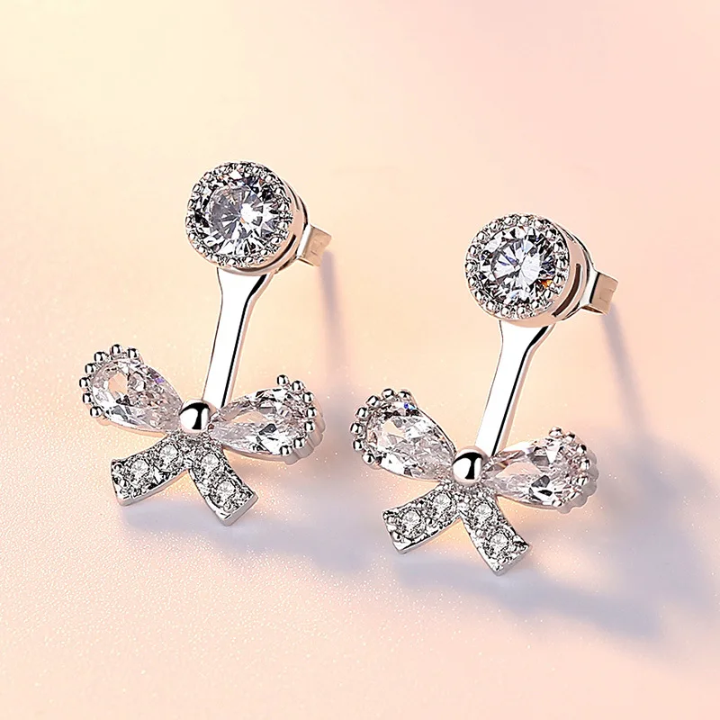 

100% 925 sterling silver fashion shiny crystal bowknot ladies`stud earrings women jewelry female Christmas gift drop shipping