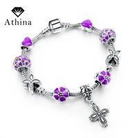 hot sale new fashion jewelry flower charm bracelets for women with purple crystal glass beads bangles heart pulseira