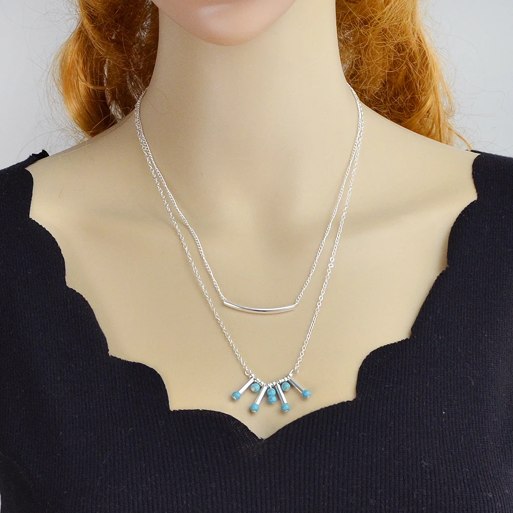 Minimalist Style Silver Gold-Color Multi Layer Chain with Blue Beads Geometric Drop Maxi Necklace For Women Jewelry | Украшения и