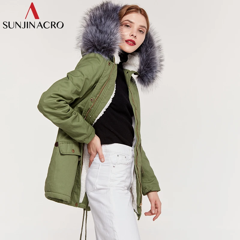 SUNJINACRO Парка женская зимняя куртка утепленная хлопковая верхняя одежда с