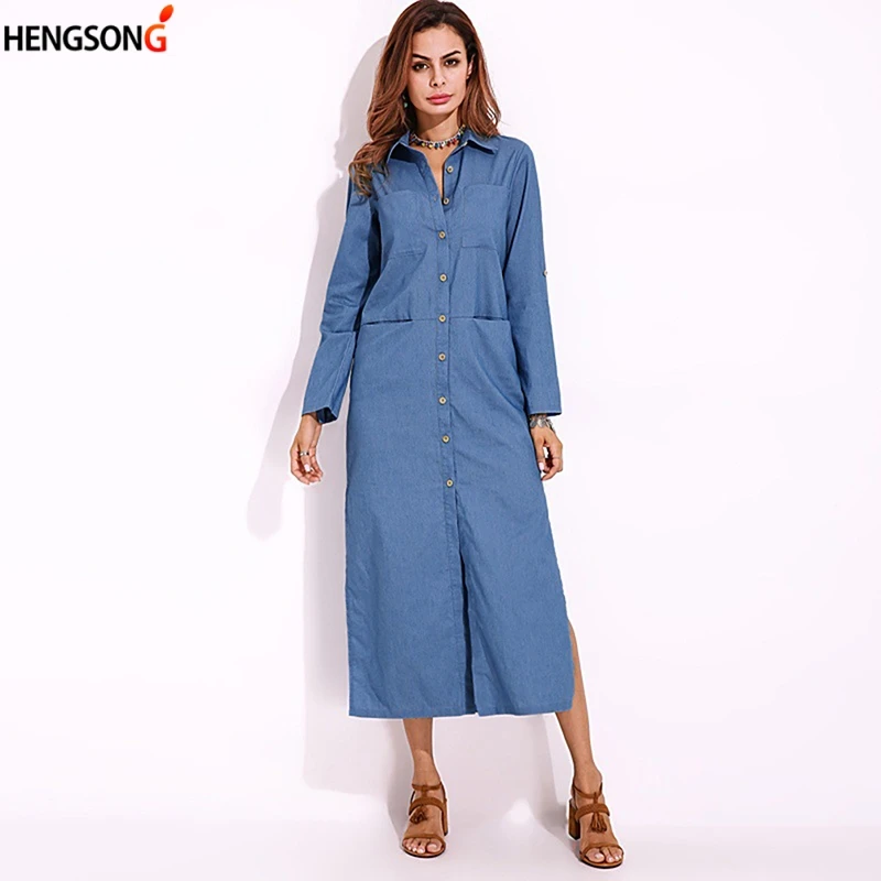 Платье-макси с длинным рукавом и отложным воротником на пуговицах | Женская