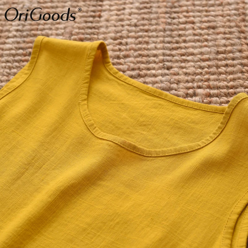 OriGoods Linen Tank Top Women Loose Casual Summer Tank Tops Solid Black White Yellow Red White Tank top Kawaii Cute Tops C223