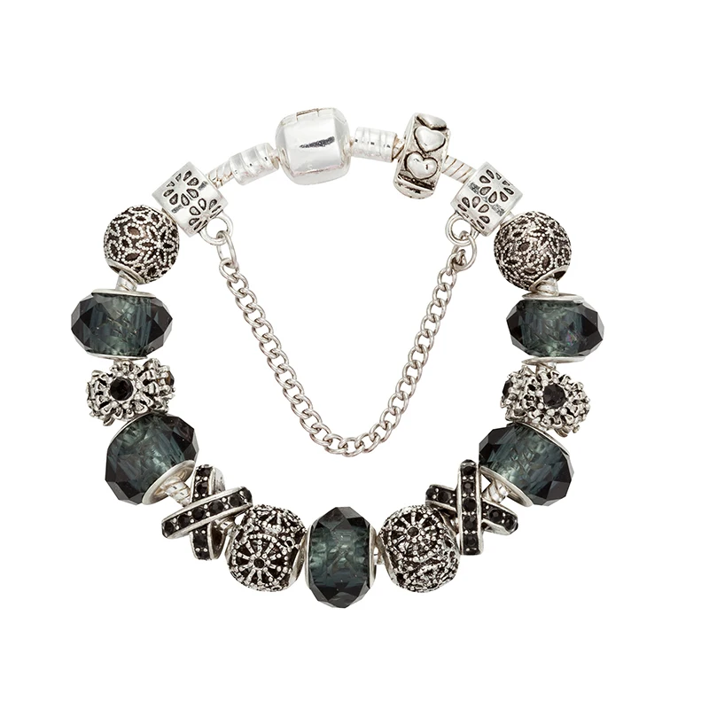 ANNAPAER дропшиппинг колье bracciali Donna серебряный цвет Амулеты Браслет с подвесками Черный Кристалл Бусины Подходит ПАН браслет для женщин B18018