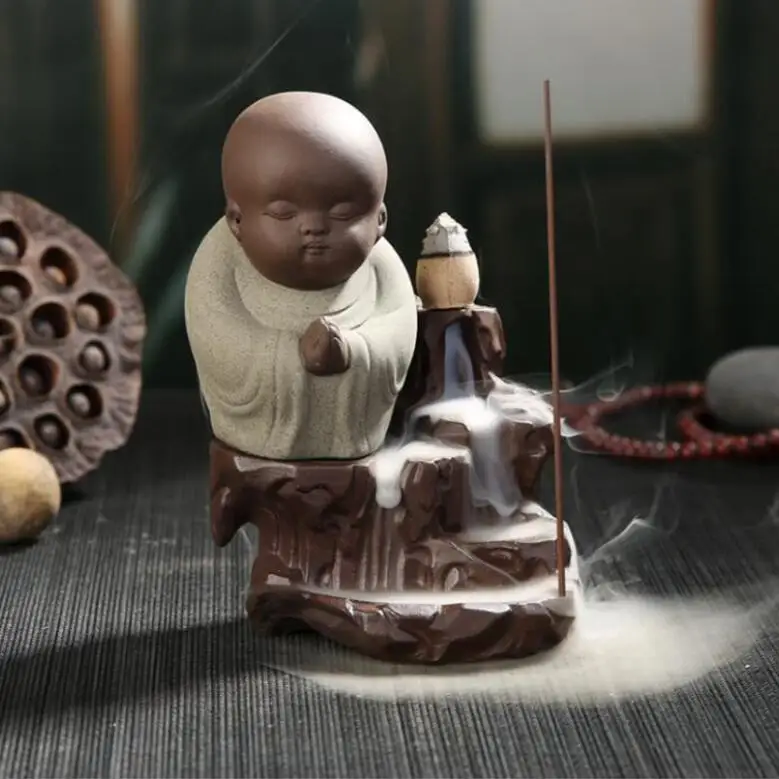 Grey Креативный экологический домашний офисный Декор маленький монах курильница обратного потока керамическая курильница+ 20 шт благовония конусы - Цвет: Grey