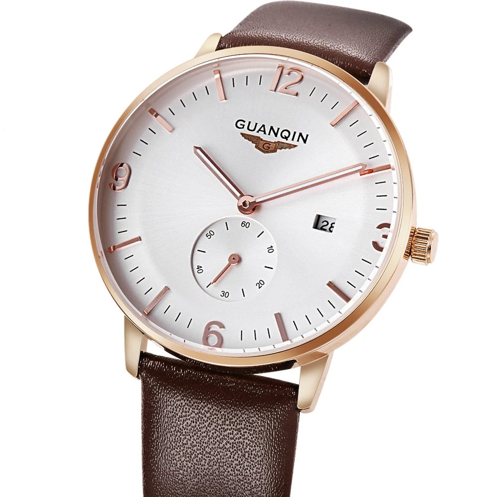 GUANQIN GQ13007 Мужские кварцевые часы Секундомер Календарь светящийся кожаный ремешок