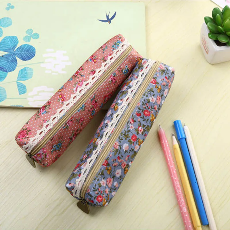 

1PCS Cute Pen Bags Kawaii Floral Flower Canvas Zipper Pencil Cases Lovely Fabric Flower Pen Bags School&Offices Supplies