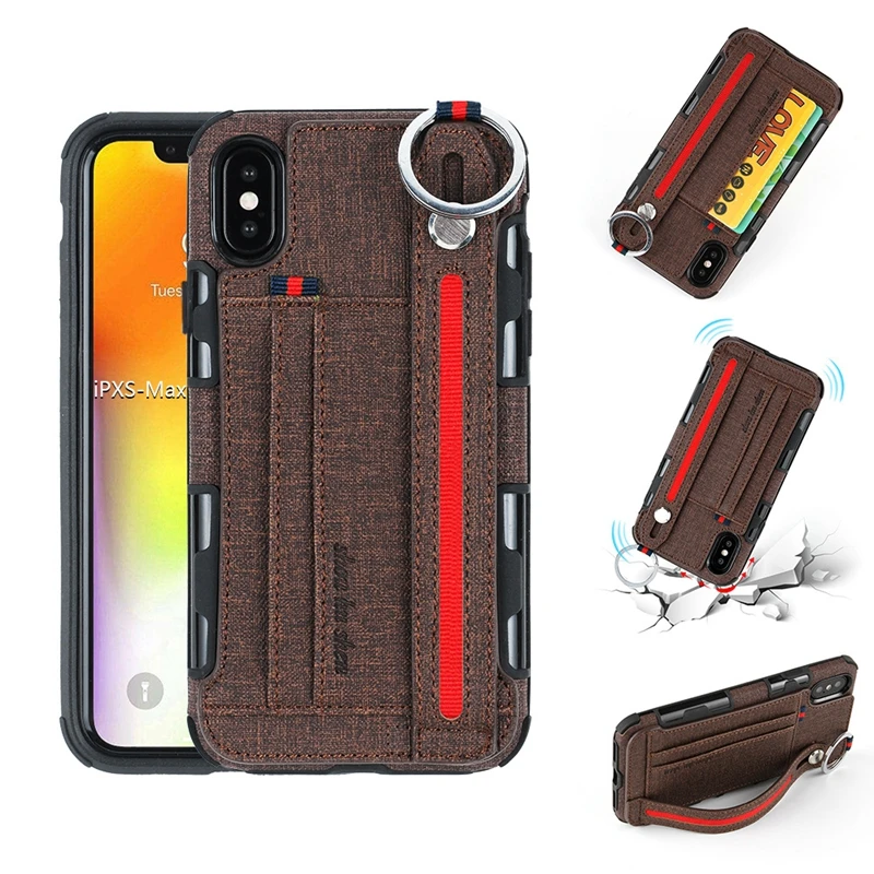 

Multifunction PU Leather Phone Case Cover With Card Pocket Slots Wrist Strap Band for iPhone X XS MAX XR