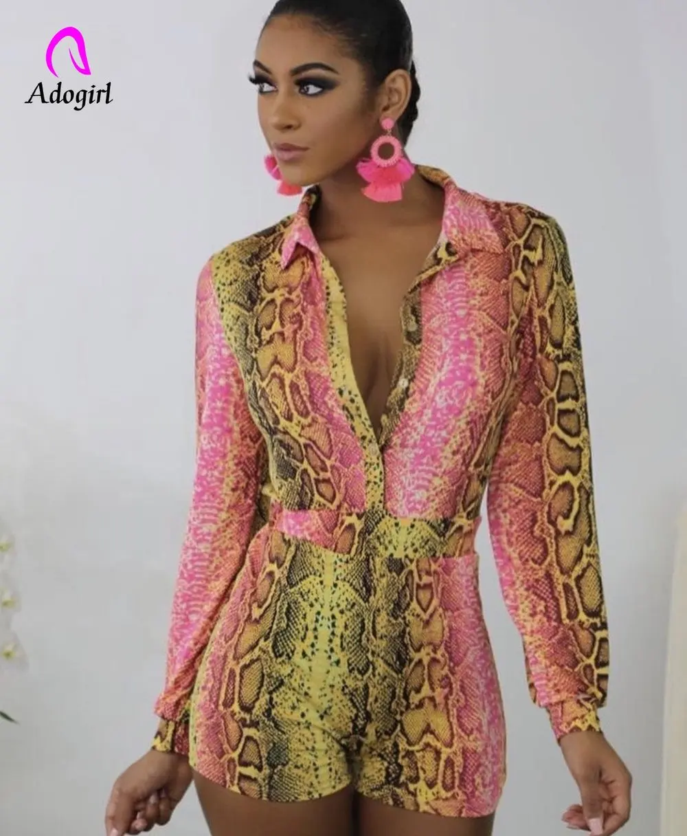 Women Work Jumpsuit Serpentine Printed Long Sleeve Playsuit Spring Turn Down Collar Button Up High Street Party Short Overall | Женская