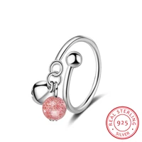 100 925 solid real sterling silver strawberry crystal bead bell opening ring 6 7 8 for women creative cute style girl jewelry