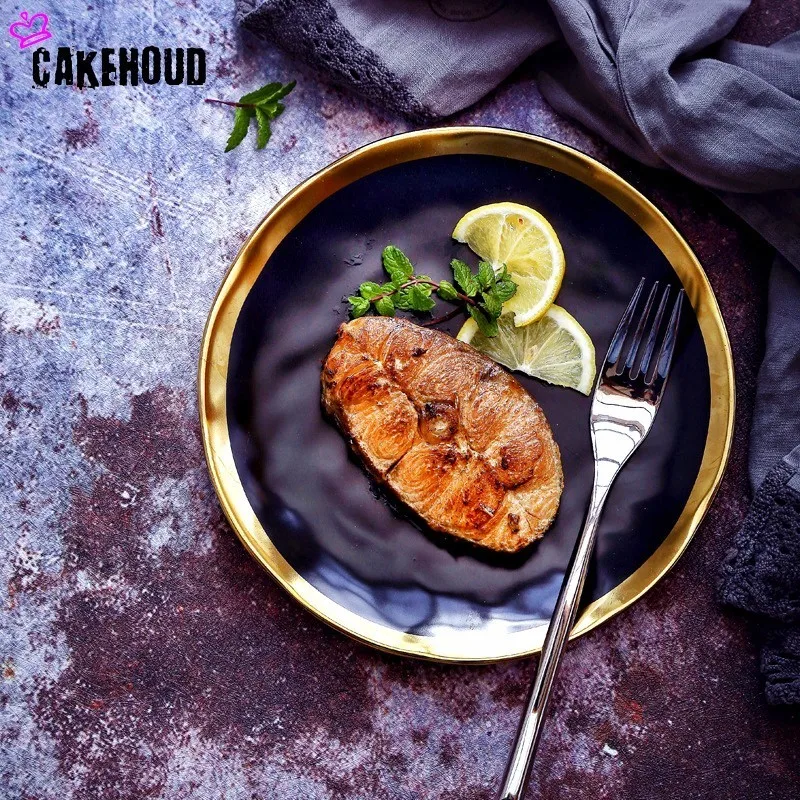 CAKEHOUD Европейский стиль керамические тарелки позолоченные черные западные блюда для стейка посуда для фруктов тарелка для салата кухонная посуда