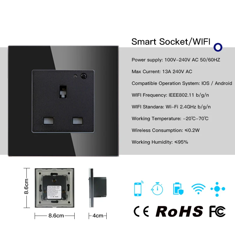 13A WiFi умная настенная розетка со стеклянной панелью Smart Life/Tuya APP дистанционное
